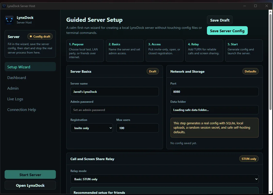 LynxDock Guided Server Setup wizard with server basics, network, and storage settings