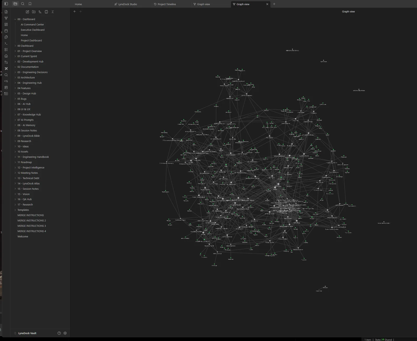 LynxDock Studio knowledge graph view showing hundreds of linked notes across dashboards, engineering, research, and documentation