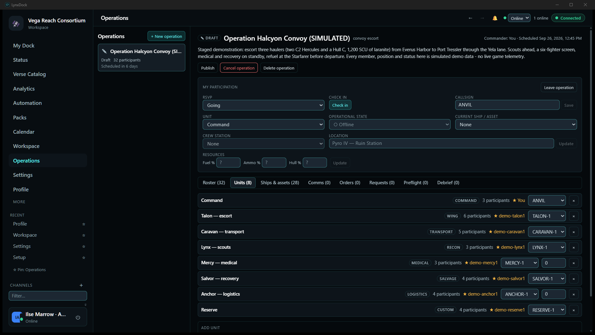 Units tab of the draft operation: eight units with kind badges, participant counts, leader names and callsign selectors, and an Add unit control below