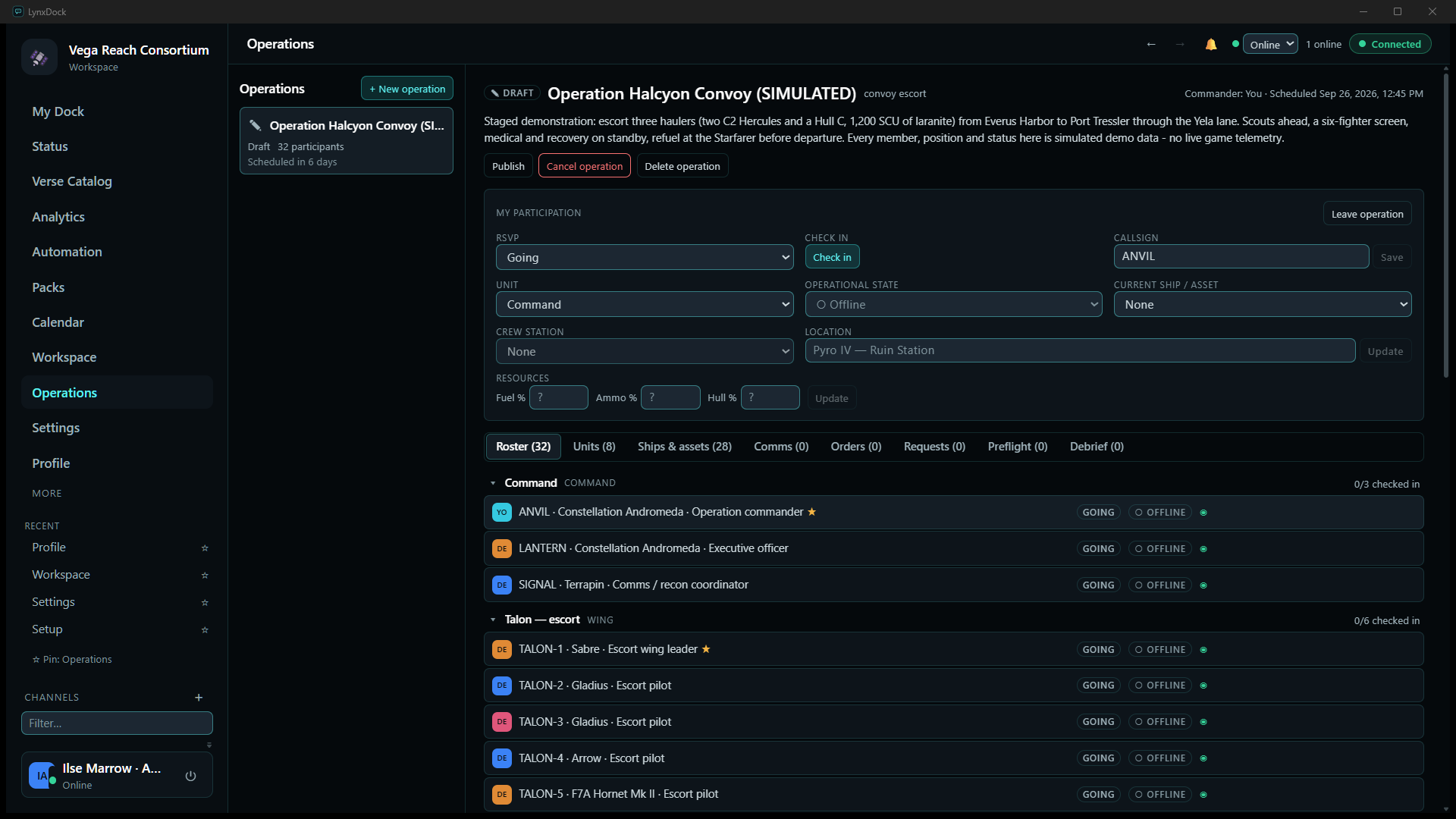 Roster tab with participants grouped by unit: Command 0/3 checked in with ANVIL, LANTERN, SIGNAL; Talon — escort 0/6 with TALON-1 to TALON-6, all GOING and OFFLINE