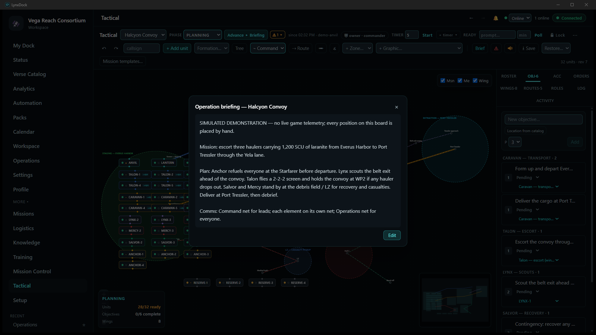 The Operation briefing — Halcyon Convoy dialog over the board, with the simulated-demonstration notice, the mission, the plan by wing and the comms plan, and an Edit button
