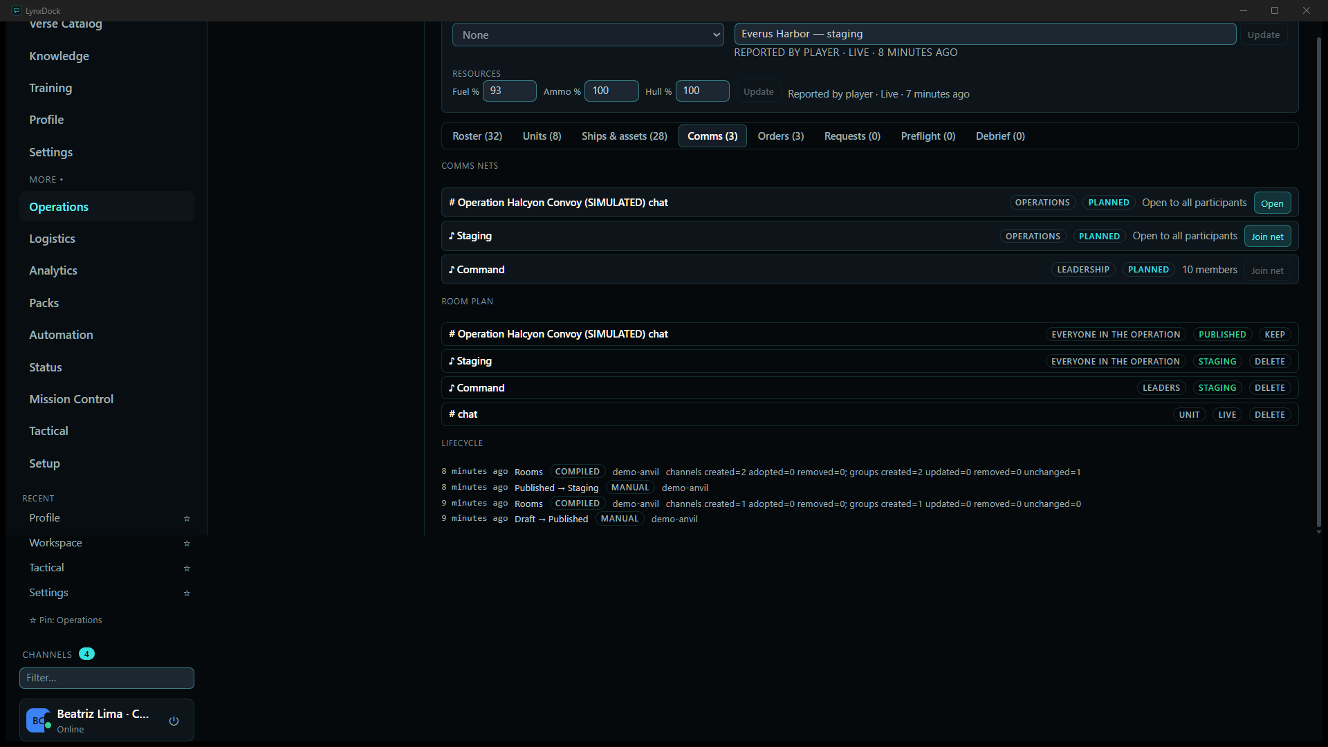 A member's Comms tab: the operation chat and Staging net joinable, the Command net greyed out for a non-leader, the room plan, and a Lifecycle log of rooms compiled and status transitions