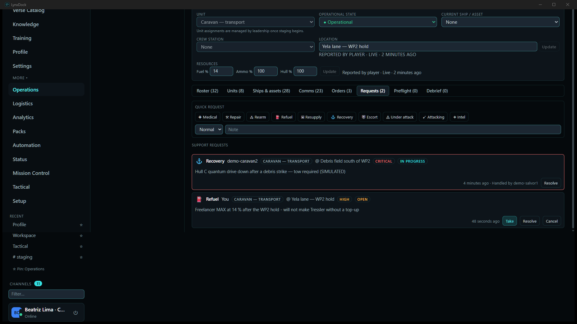 The new refuel request row: Refuel · You · CARAVAN — TRANSPORT · @ Yela lane — WP2 hold · HIGH · OPEN, with the note, 48 seconds ago, and Take / Resolve / Cancel buttons; the recovery request in progress above it; Requests (2)