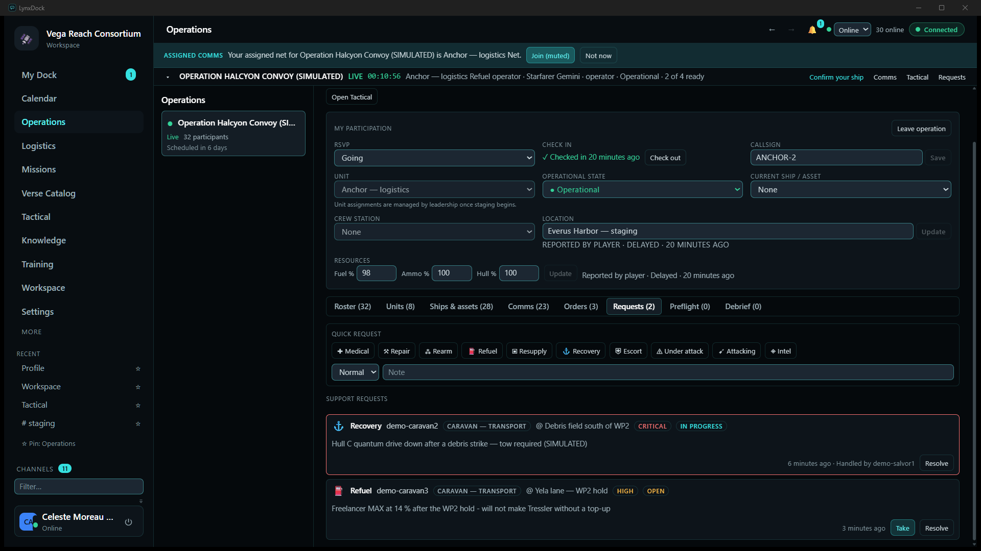 The Requests tab: quick-request buttons (Medical, Repair, Rearm, Refuel, Resupply, Recovery, Escort, Under attack, Attacking, Intel) and two support requests — a critical recovery in progress and a high-priority refuel that is open with a Take button