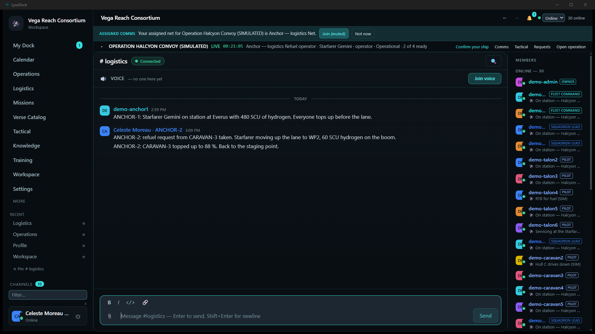 The #logistics channel: ANCHOR-1's staging note that the Starfarer Gemini is on station at Everus with 480 SCU of hydrogen, then ANCHOR-2's two messages — refuel request from CARAVAN-3 taken, Starfarer moving to WP2 with 60 SCU on the boom; CARAVAN-3 topped up to 88 %, back to the staging point — with 30 members online in the sidebar