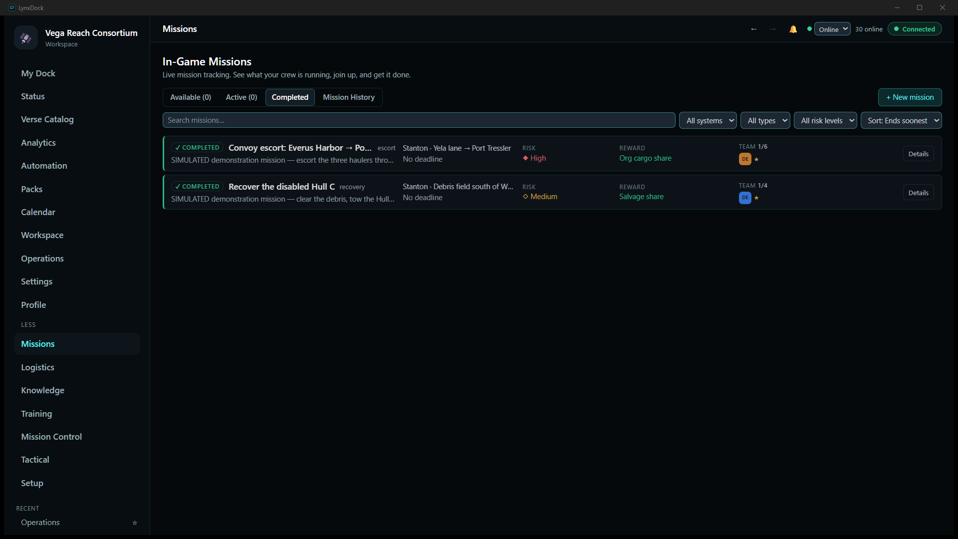 Missions → Completed: Convoy escort: Everus Harbor → Port Tressler (escort, High risk, Org cargo share) and Recover the disabled Hull C (recovery, Medium risk, Salvage share), both COMPLETED with Details buttons