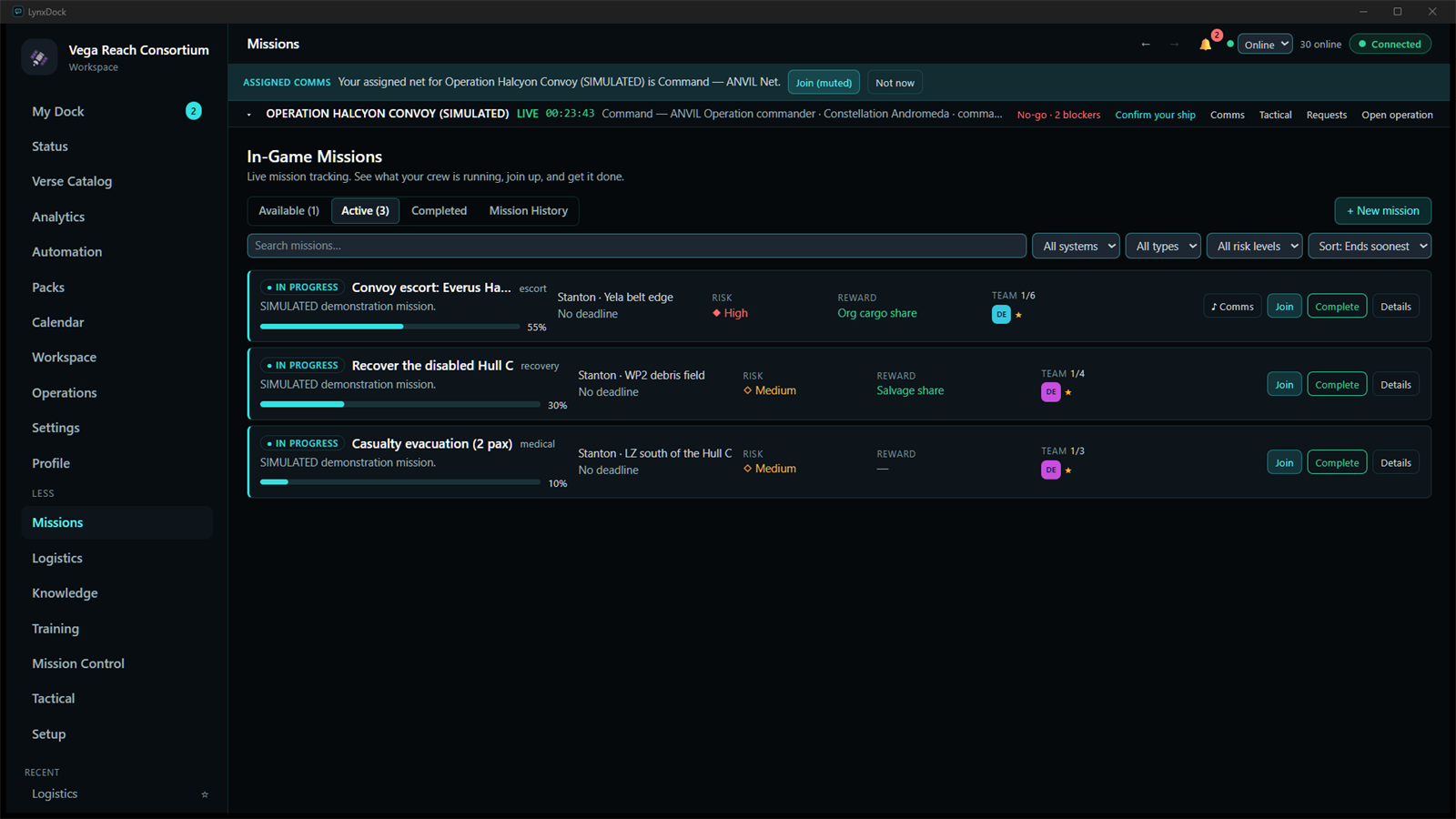In-game missions list with three active missions showing progress, location, risk, reward, team slots and Join / Complete / Details actions